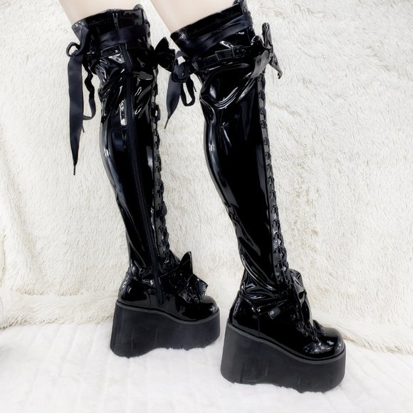 Shiny Black Patent Goth Punk Rave Platform Thigh High Boots Kera 303 - Picture 7 of 13
